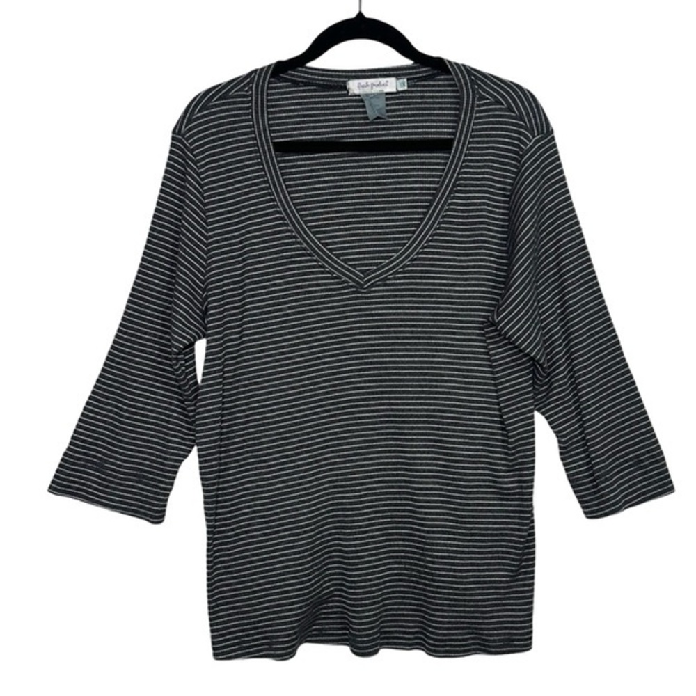 Fresh Produce‎ Gray White Striped 3/4 Sleeve V Neck Blouse Top Size 1X
